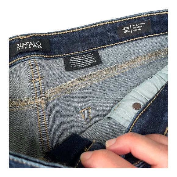 Buffalo David Bitton Jess blue denim jeans Rip & Repair Skinny Mid Rise size 12 - Picture 3 of 6